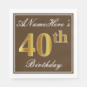 Elegant Brown, Faux Gold 40th Birthday + Name Napkin