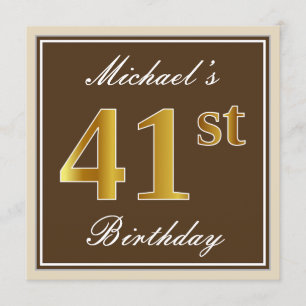 Elegant, Brown, Faux Gold 41st Birthday + Name Invitation