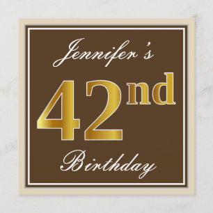 Elegant, Brown, Faux Gold 42nd Birthday + Name Invitation