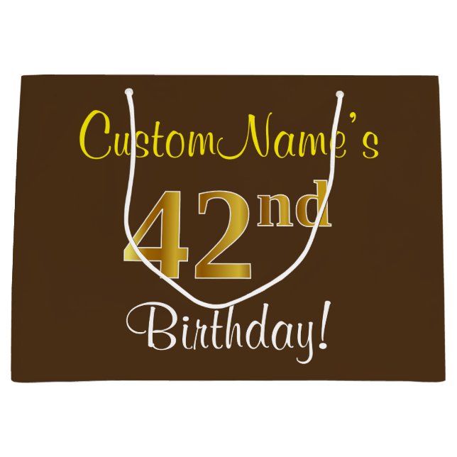 Elegant, Brown, Faux Gold 42nd Birthday + Name Large Gift Bag (Front)