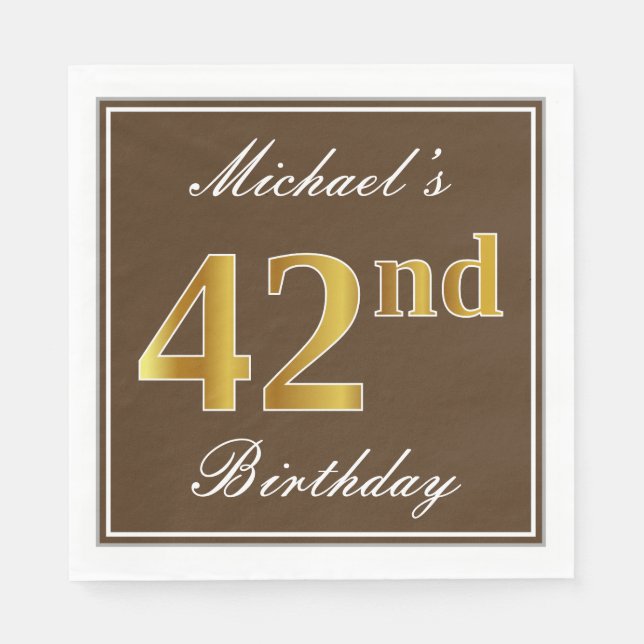 Elegant Brown, Faux Gold 42nd Birthday + Name Napkin (Front)