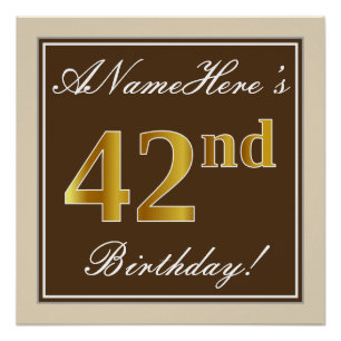 Elegant, Brown, Faux Gold 42nd Birthday + Name Poster