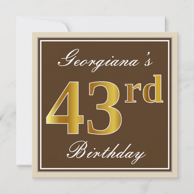 Elegant, Brown, Faux Gold 43rd Birthday + Name Invitation (Front)
