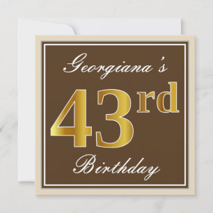 Elegant, Brown, Faux Gold 43rd Birthday + Name Invitation