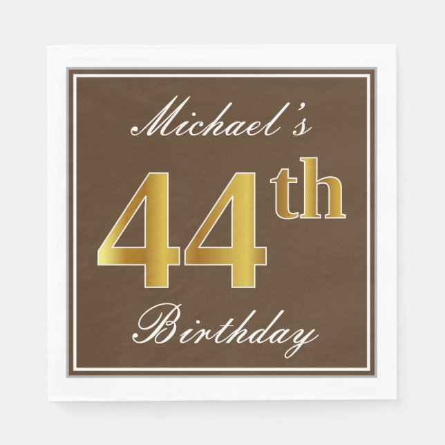 Elegant Brown, Faux Gold 44th Birthday + Name Napkin (Front)