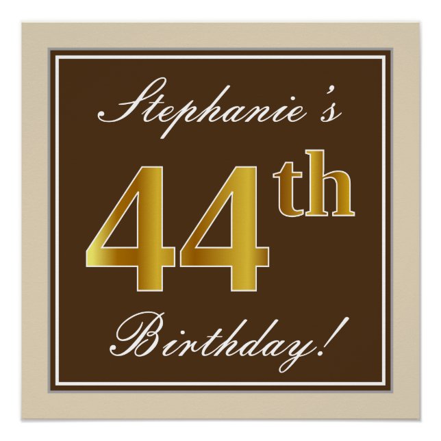 Elegant, Brown, Faux Gold 44th Birthday + Name Poster (Front)