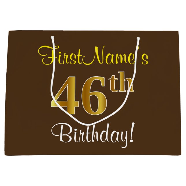 Elegant, Brown, Faux Gold 46th Birthday + Name Large Gift Bag (Front)
