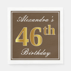 Elegant Brown, Faux Gold 46th Birthday + Name Napkin
