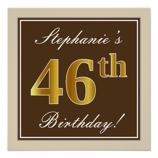 Elegant, Brown, Faux Gold 46th Birthday + Name Poster (Front)