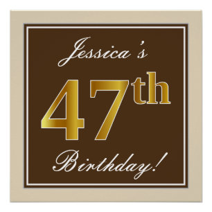Elegant, Brown, Faux Gold 47th Birthday + Name Poster