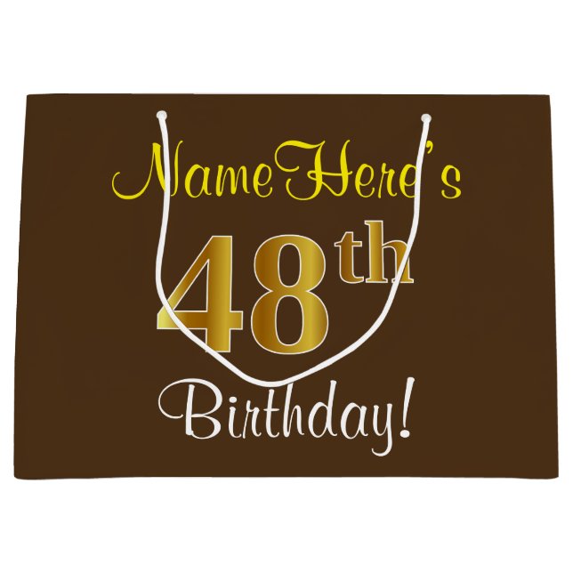 Elegant, Brown, Faux Gold 48th Birthday + Name Large Gift Bag (Front)