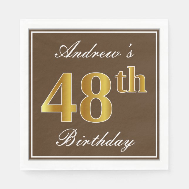 Elegant Brown, Faux Gold 48th Birthday + Name Napkin (Front)