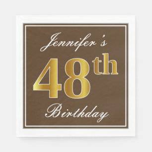 Elegant Brown, Faux Gold 48th Birthday + Name Napkin