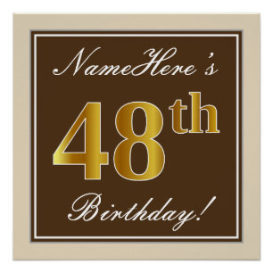 Elegant, Brown, Faux Gold 48th Birthday + Name Poster