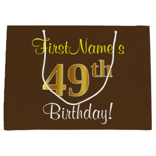 Elegant, Brown, Faux Gold 49th Birthday + Name Large Gift Bag