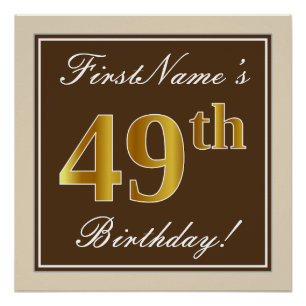 Elegant, Brown, Faux Gold 49th Birthday + Name Poster
