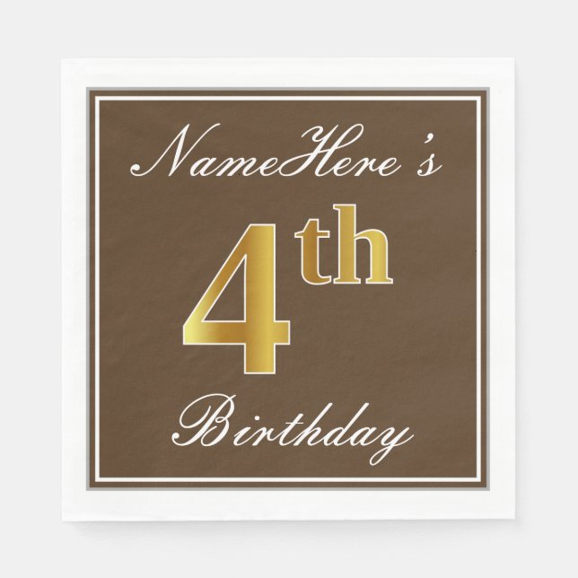 Elegant Brown, Faux Gold 4th Birthday; Custom Name Napkin (Front)