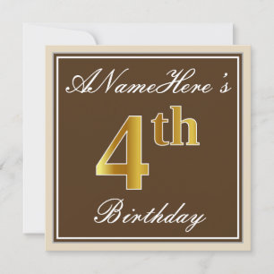 Elegant, Brown, Faux Gold 4th Birthday + Name Invitation