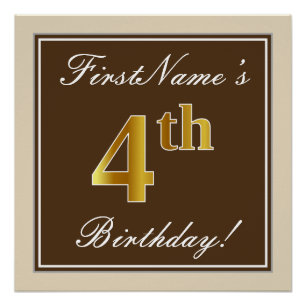 Elegant, Brown, Faux Gold 4th Birthday + Name Poster