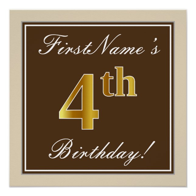 Elegant, Brown, Faux Gold 4th Birthday + Name Poster (Front)