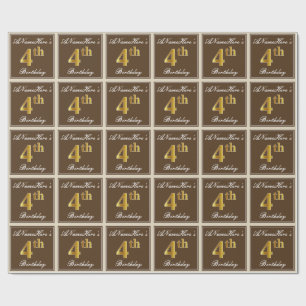 Elegant, Brown, Faux Gold 4th Birthday + Name Wrapping Paper