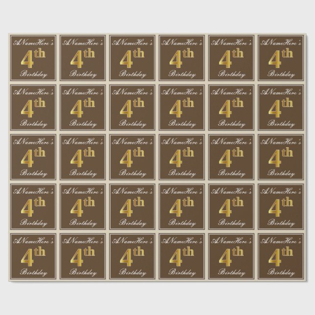 Elegant, Brown, Faux Gold 4th Birthday + Name Wrapping Paper (Flat)