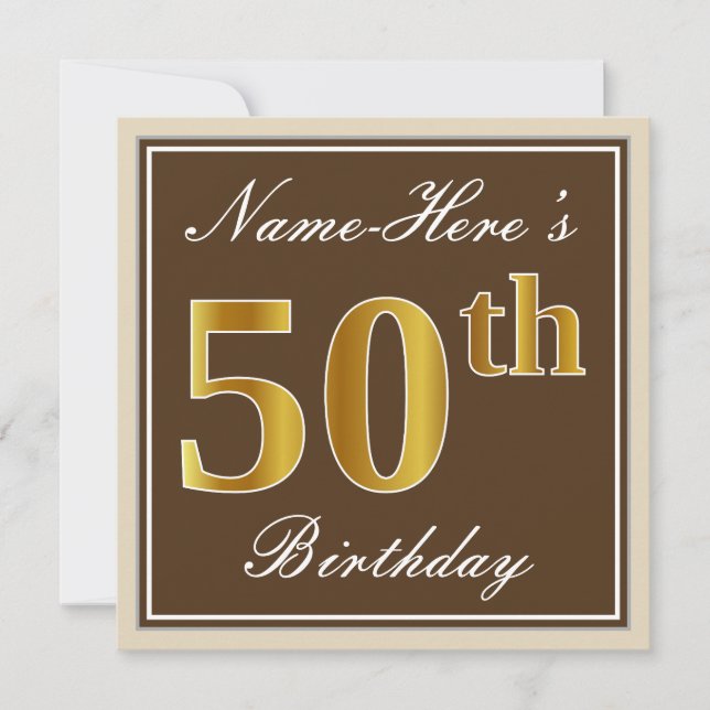 Elegant, Brown, Faux Gold 50th Birthday + Name Invitation (Front)