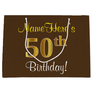 Elegant, Brown, Faux Gold 50th Birthday + Name Large Gift Bag