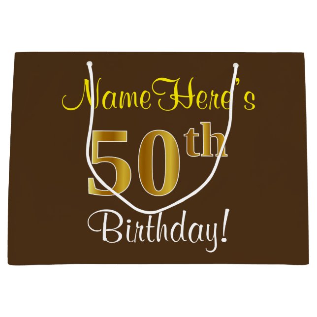 Elegant, Brown, Faux Gold 50th Birthday + Name Large Gift Bag (Front)