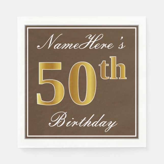 Elegant Brown, Faux Gold 50th Birthday + Name Napkin (Front)