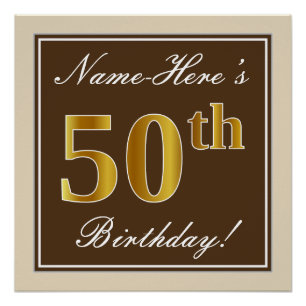Elegant, Brown, Faux Gold 50th Birthday + Name Poster