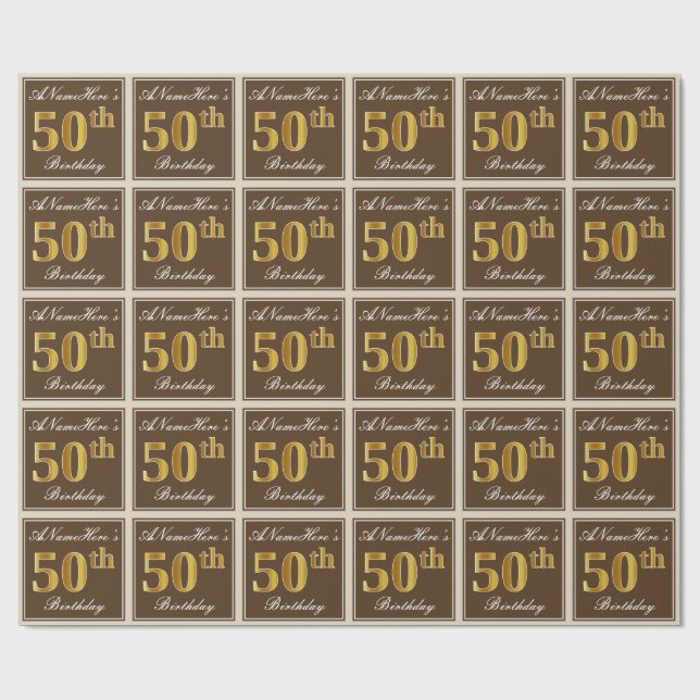 Elegant, Brown, Faux Gold 50th Birthday + Name Wrapping Paper (Flat)