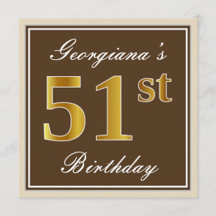 Elegant, Brown, Faux Gold 51st Birthday + Name Invitation