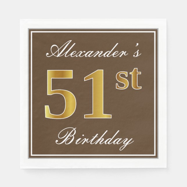 Elegant Brown, Faux Gold 51st Birthday + Name Napkin (Front)