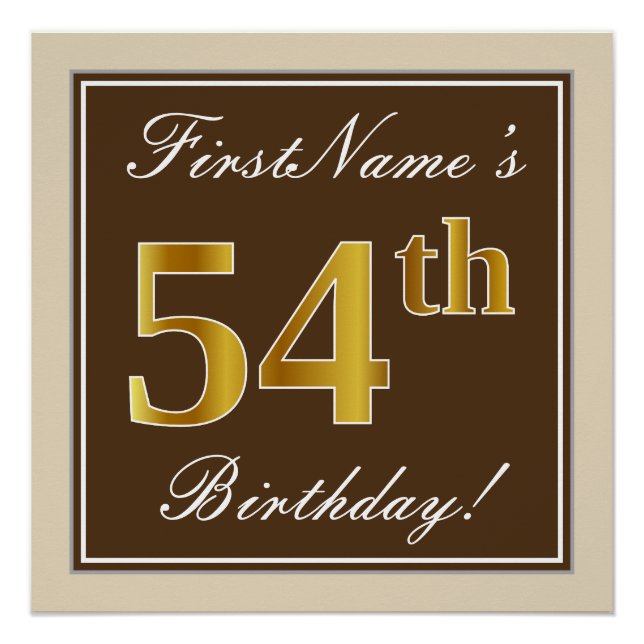 Elegant, Brown, Faux Gold 54th Birthday + Name Poster (Front)
