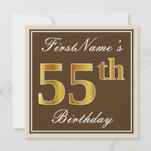 Elegant, Brown, Faux Gold 55th Birthday + Name Invitation