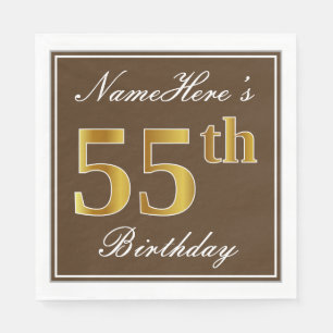 Elegant Brown, Faux Gold 55th Birthday + Name Napkin