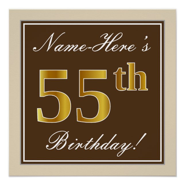 Elegant, Brown, Faux Gold 55th Birthday + Name Poster (Front)