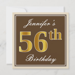 Elegant, Brown, Faux Gold 56th Birthday + Name Invitation
