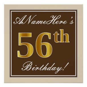 Elegant, Brown, Faux Gold 56th Birthday + Name Poster