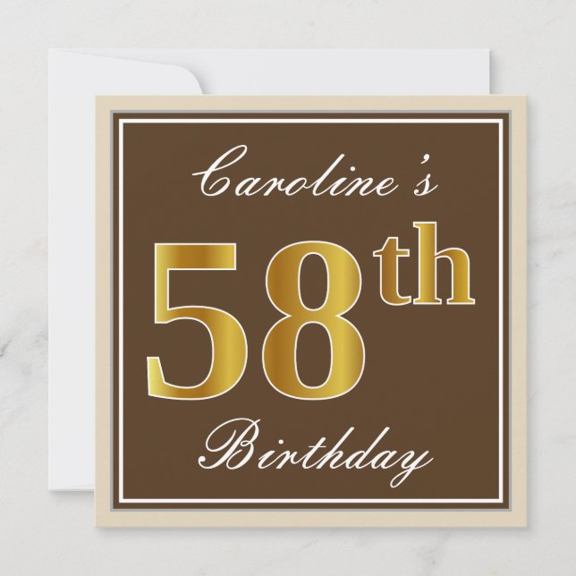 Elegant, Brown, Faux Gold 58th Birthday + Name Invitation (Front)
