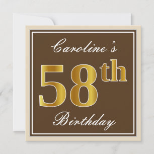 Elegant, Brown, Faux Gold 58th Birthday + Name Invitation
