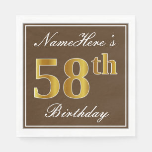 Elegant Brown, Faux Gold 58th Birthday + Name Napkin