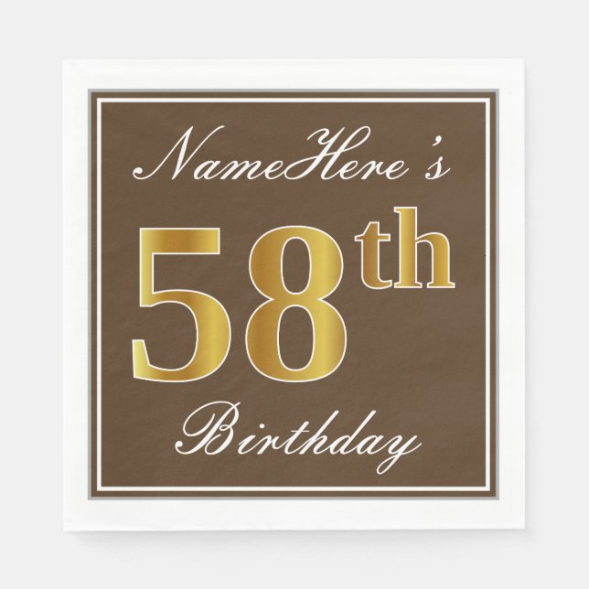 Elegant Brown, Faux Gold 58th Birthday + Name Napkin (Front)