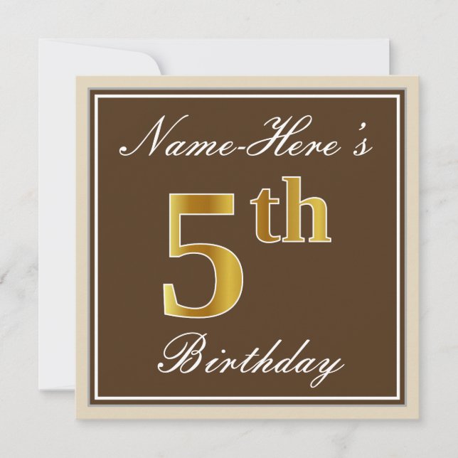 Elegant, Brown, Faux Gold 5th Birthday + Name Invitation (Front)
