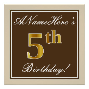 Elegant, Brown, Faux Gold 5th Birthday + Name Poster