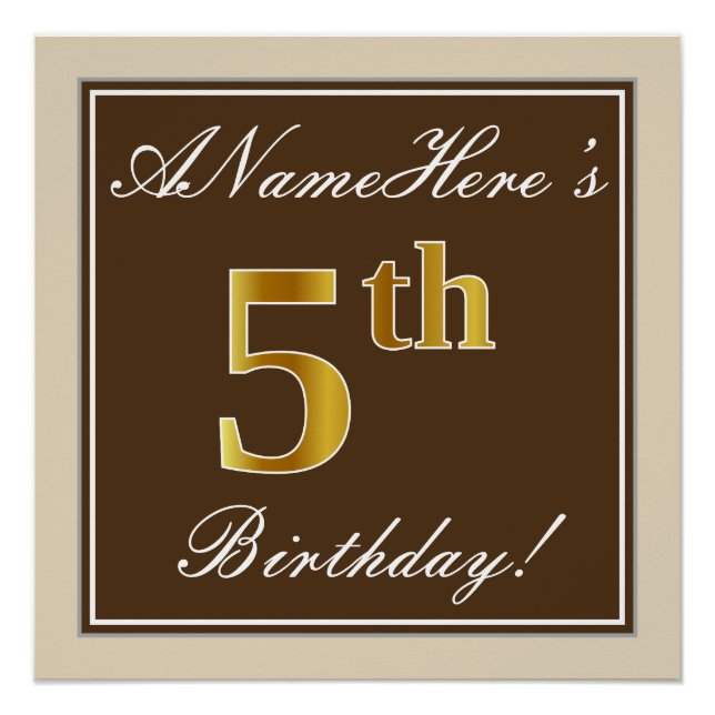 Elegant, Brown, Faux Gold 5th Birthday + Name Poster (Front)
