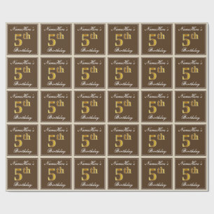 Elegant, Brown, Faux Gold 5th Birthday + Name Wrapping Paper