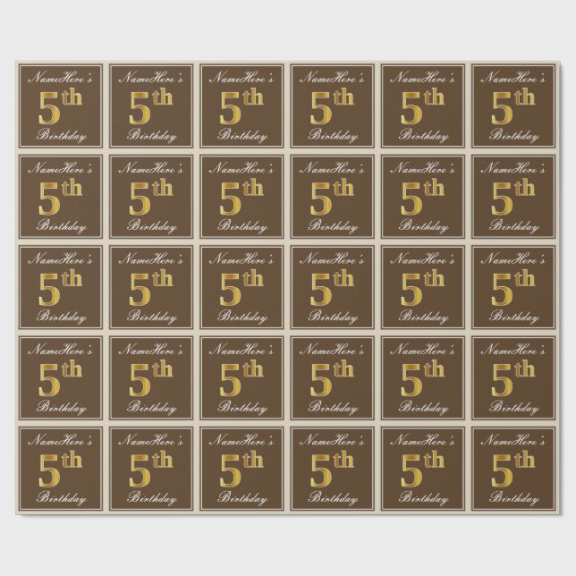Elegant, Brown, Faux Gold 5th Birthday + Name Wrapping Paper (Flat)