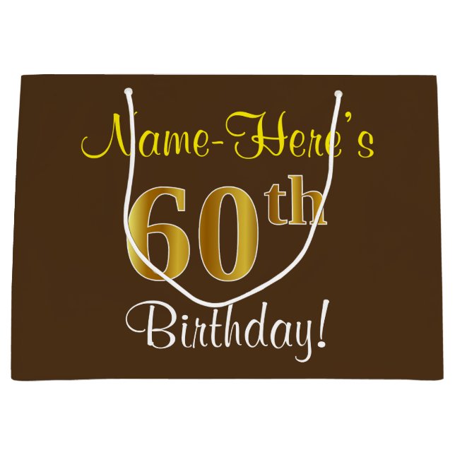 Elegant, Brown, Faux Gold 60th Birthday + Name Large Gift Bag (Front)